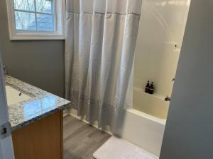 a bathroom with a shower curtain and a tub at Luxury Townhome 2 Remodeled February 2021 in Bloomington