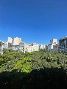 uma colina verde com uma cidade ao fundo em Confortável apto cama queen e sofá cama - COPACABANA no Rio de Janeiro mais 19 fotografias