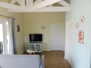 a living room with a couch and a tv at Pura Vida Aruba appartement Cama in Noord