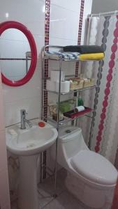 阿雷基帕的住宿－Casa a 10 min del centro y 15 min de Perumin，一间带水槽、卫生间和镜子的浴室