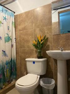 łazienka z toaletą i umywalką w obiekcie Hostel Travelers Chitre w mieście Chitré
