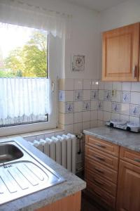 een keuken met een wastafel, een raam en een radiator bij Ferienwohnung Karger in Marlow