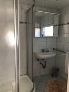een badkamer met een douche en een wastafel bij Ferienwohnung Karger in Marlow