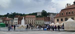 a group of people walking around a city with a fountain at Coresi KASPERS Camil Petrescu, 2 camere apartment, sleeps 6 in Braşov