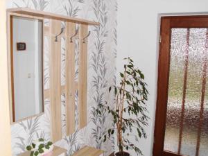 a mirror and a plant in a room with a wall at Ferienwohnung Dorn in Polchow