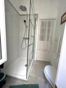 uma casa de banho com um chuveiro e um WC. em Lovely studio Crimee em Paris