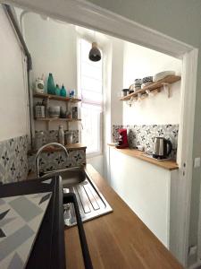 uma cozinha com um lavatório e uma bancada em Lovely studio Crimee em Paris