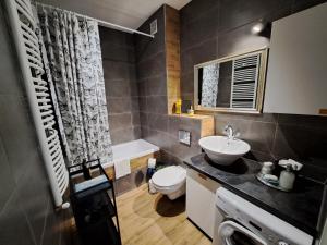een badkamer met een wastafel, een toilet en een wastafel bij Gryfny Grubiorz in Katowice
