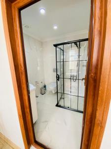 a bathroom with a toilet and a glass door at Stylish Hotel Old City in Istanbul