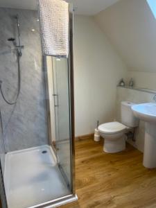 a bathroom with a shower and a toilet and a sink at Druid Apartment in Inverness