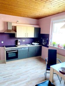 cocina con paredes moradas y techo de madera en 3 bedrooms appartement with terrace and wifi at Lorsch, en Lorsch