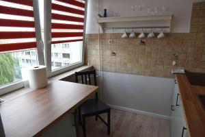 eine Küche mit einem Tisch, einem Waschbecken und einem Fenster in der Unterkunft Kawalerka Górnośląska in Kalisz