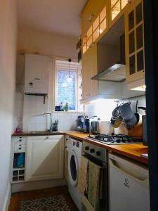 a kitchen with a stove and a washing machine at Charming luxury 1 bed apartment in London
