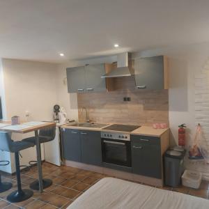 a kitchen with a stove and a sink and a table at Os Heem in Wittem