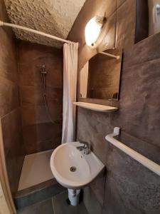 La petite salle de bains est pourvue d'un lavabo et d'une douche. dans l'établissement 2 féröhelyes apartman, à Balatonlelle