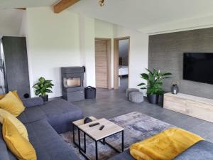 維勒斯威特的住宿－Ambiente Feriendomizil，客厅设有蓝色的沙发和壁炉