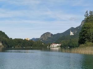 a view of a lake with mountains in the background at Ferienwohnung Zum Bartelt in Hohenschwangau