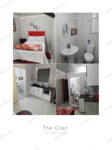 a collage of four pictures of a bathroom at The Croc Guest house in Springs