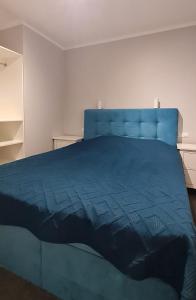 a bedroom with a blue bed with a blue comforter at Kur palikt Salacgrīvā in Salacgrīva