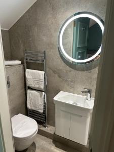 Irvinestown的住宿－Castle Irvine Estate，一间带卫生间、水槽和镜子的浴室