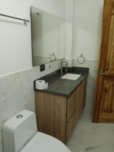 a bathroom with a toilet and a sink and a mirror at CABAÑA MANANTIAL DE DIOS in Turbo