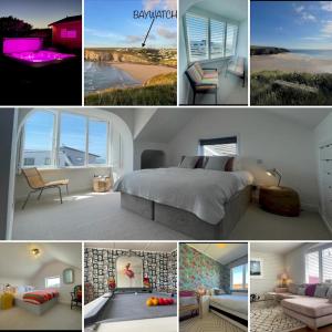 a collage of photos of a bedroom and a beach at Baywatch Mawgan Porth Spacious Home sleeps 9, Games room, Parking & Garden in Mawgan Porth