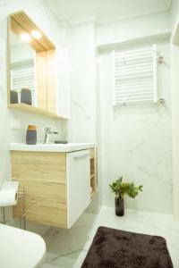 La salle de bains blanche est pourvue d'un lavabo et d'une douche. dans l'établissement Charming Bagdat Avenue Hideaway, Near Marina, à Istanbul