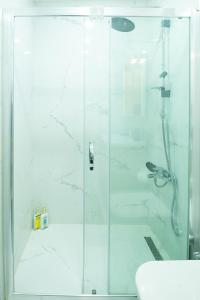 La salle de bains est pourvue d'une douche avec une porte en verre. dans l'établissement Charming Bagdat Avenue Hideaway, Near Marina, à Istanbul