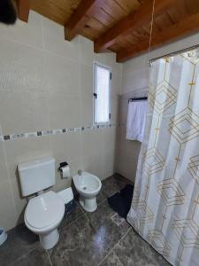 a bathroom with a toilet and a shower curtain at Emilia II in Esquel +12 photos