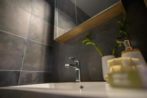 un lavandino in bagno con una pianta sopra di City Loft 2 (Stamatina's Luxury Apartments) a Alexandroupoli