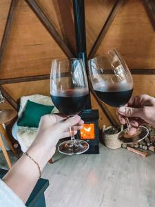 two people holding glasses of red wine on a table at Refúgio Velha Montanha - Domo Geodésico in Mundo Novo