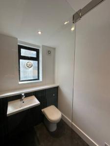 a bathroom with a toilet and a sink at Chic Barn Conversion in the Cotwolds in Enstone