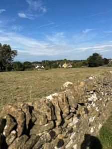 an old stone wall in a field with a field at Chic Barn Conversion in the Cotwolds in Enstone