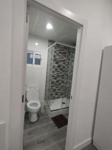 a bathroom with a toilet and a walk in shower at Apartamento Carol in Reus