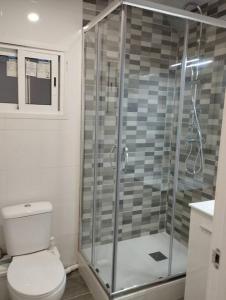 a bathroom with a toilet and a glass shower at Apartamento Carol in Reus