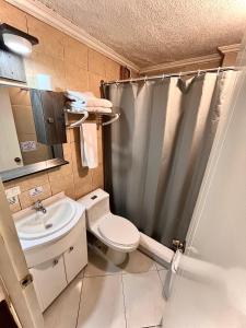 a bathroom with a toilet and a sink and a shower at El Patio Hostel Quito in Quito