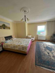 a bedroom with a bed and a rug and a window at VILLA in Tekirdag- Istanbul in Tekirdag