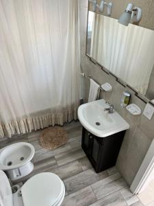 ein Badezimmer mit einem Waschbecken, einem WC und einem Spiegel in der Unterkunft Departamento Monseñor in Tandil