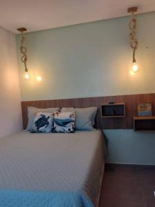 1 dormitorio con 1 cama con 2 almohadas en Chaleville 2301, Praia do maramar, luis correia en Luis Correia