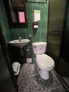 a bathroom with a toilet and a sink at Hotel las Nieves LD in Bogotá