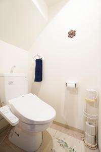 a bathroom with a white toilet and a blue towel at ANGO KYOTO Ⅰ in Kyoto