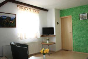 ein Wohnzimmer mit einem TV und einem Fenster in der Unterkunft Ferienwohnung Poppe in Sebnitz