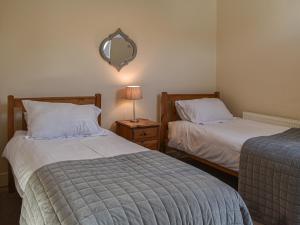 a bedroom with two beds and a mirror on the wall at Rhiw Bank Apartment in Colwyn Bay