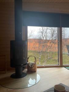 een televisie op een tafel in een kamer met een raam bij Villa Aitti in Utsjoki