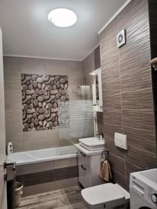 uma casa de banho com uma banheira, um WC e um lavatório. em Apartmant Melinda M16 em Brasov