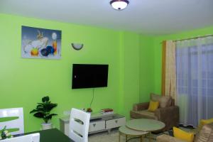 ein Wohnzimmer mit grünen Wänden und einem Flachbild-TV in der Unterkunft Epic Village in Nairobi