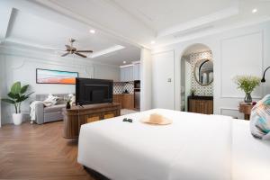 Pavillon Boutique Hotel & Apartment Nha Trang في نها ترانغ: غرفة معيشة مع سرير وتلفزيون