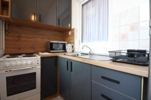 una cocina con fregadero y estufa en Retro Apartment, en Sarajevo