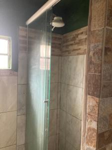 La salle de bains est pourvue d'une douche avec une porte en verre. dans l'établissement N4 1 Casa Céntrica Próxima al Puente Internacional de la Concordia, à Artigas