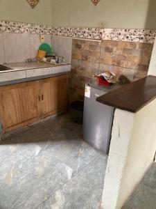 a kitchen with a counter and a sink and a refrigerator at N4 1 Casa Céntrica Próxima al Puente Internacional de la Concordia in Artigas